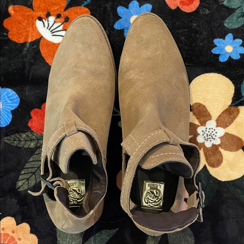Suede Tan Cutout Ankle Booties with Buckle Strap - Picture 3 of 10